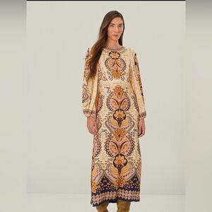FARM Rio Cream Paisley Maxi Midi Dress with Mustard & Navy Details